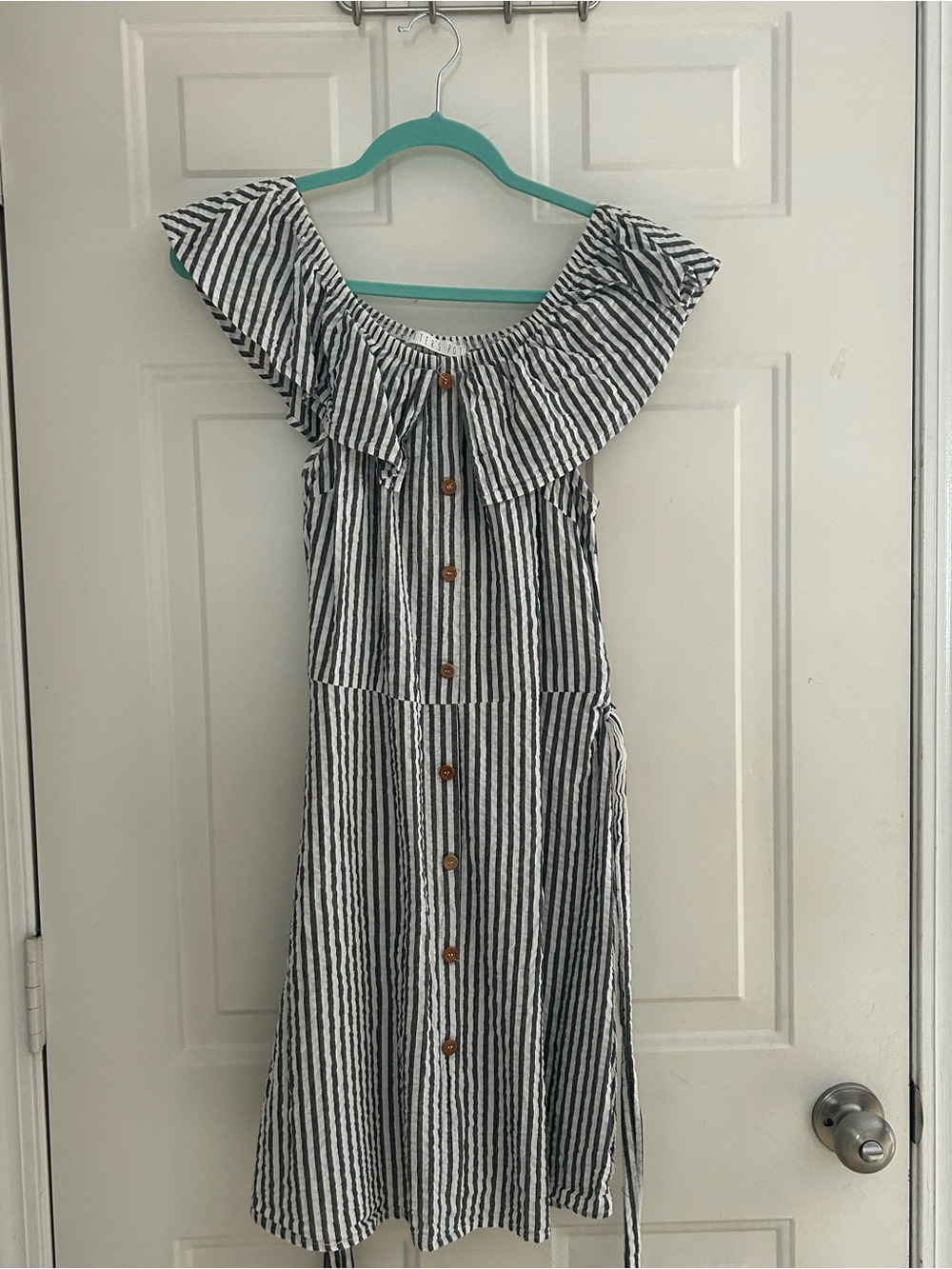 Potter's Pot Navy & White Striped Off-Shoulder Button Dress